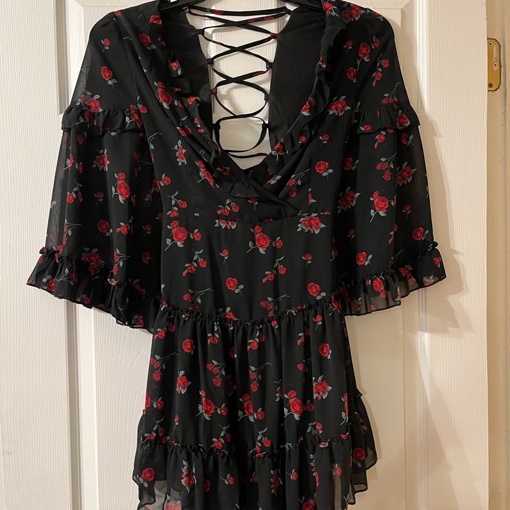 Forever 21 Floral Black Dress with Red Roses